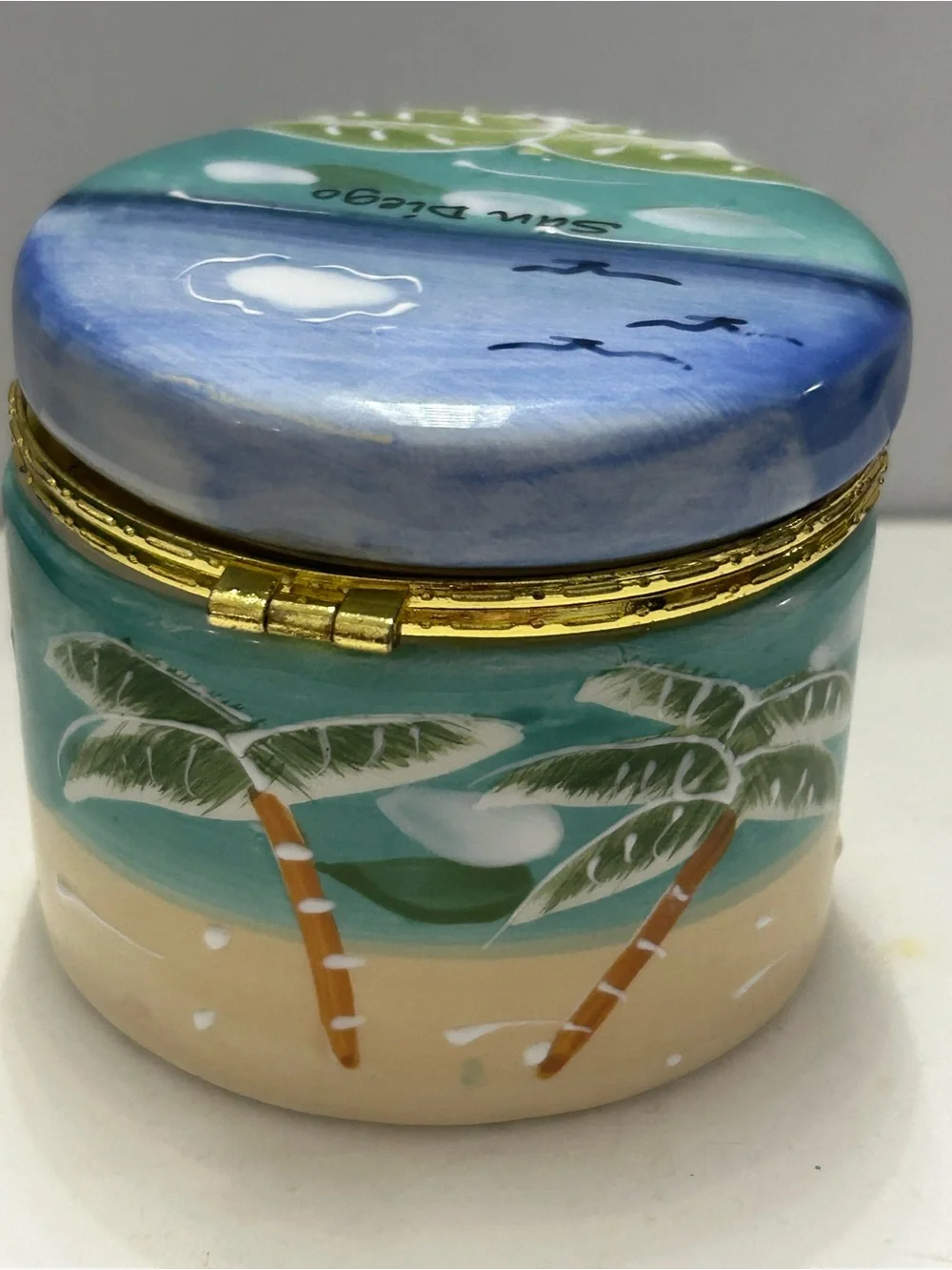 Vintage Trinket Box Hand-Painted Ceramic Coastal Beach Palm Design San Diego
